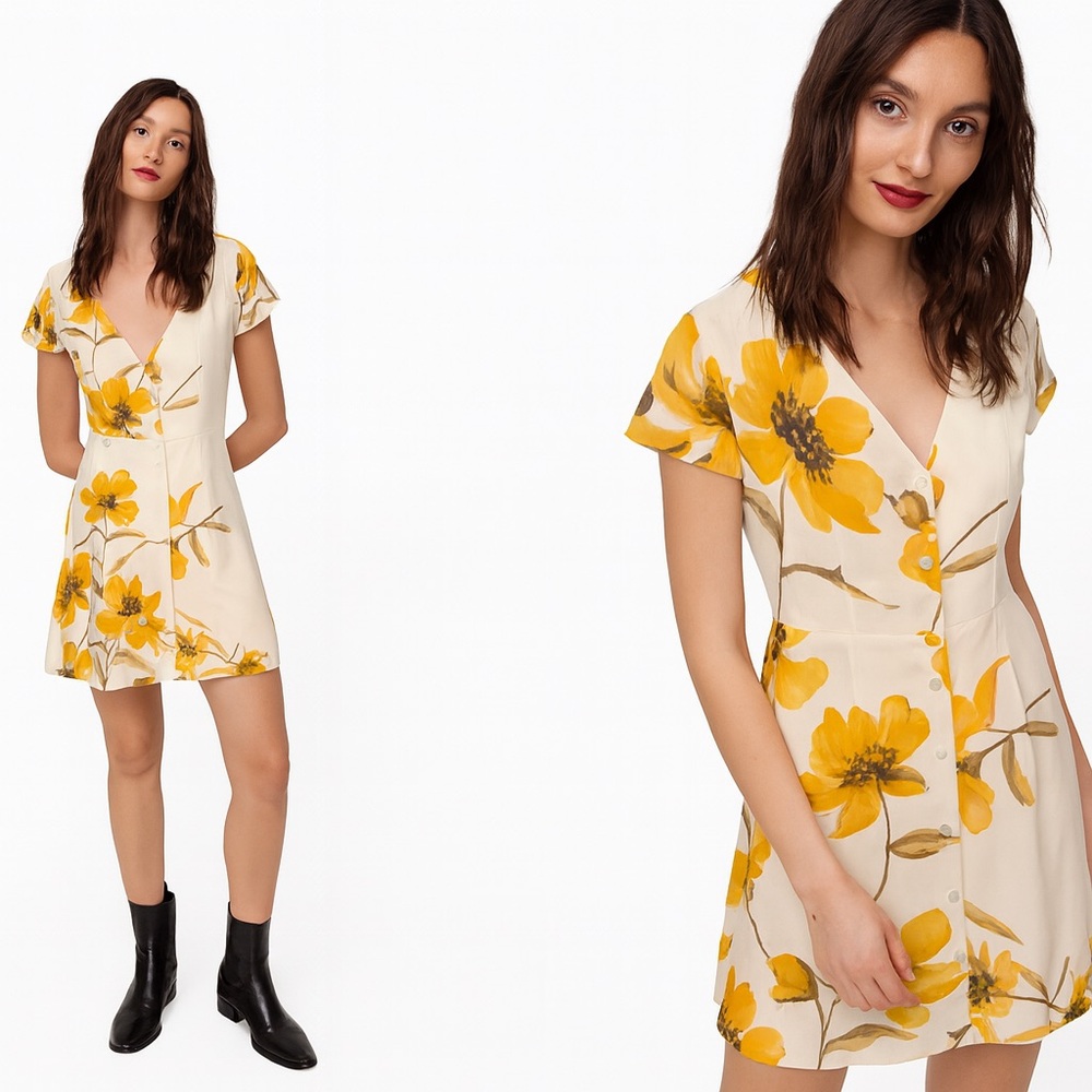 Aritzia Wilfred Nazaire button front cream yellow floral dress size 00